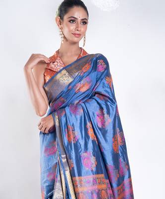 Banarasi silk blend saree in dark grey color with multicolor motifs and zari border 2