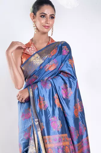 Banarasi silk blend saree in dark grey color with multicolor motifs and zari border