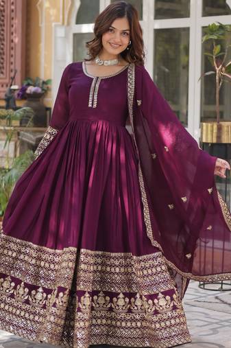 Purple Shimmer Vichitra Designer Gown with Heavy Sequins Embroidery & Shimmer Dupatta 