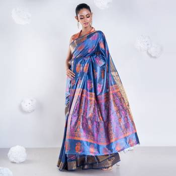 Banarasi silk blend saree in dark grey color with multicolor motifs and zari border 3