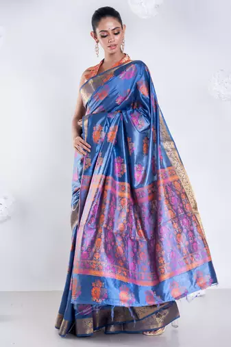 Banarasi silk blend saree in dark grey color with multicolor motifs and zari border