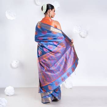 Banarasi silk blend saree in dark grey color with multicolor motifs and zari border 4