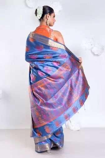 Banarasi silk blend saree in dark grey color with multicolor motifs and zari border