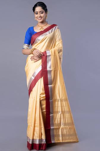 Kanjivaram silk saree in beige color with maroon and silver border
