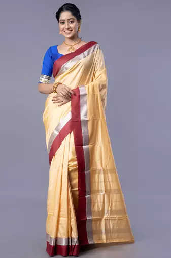 Kanjivaram silk saree in beige color with maroon and silver border