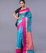 Kanjivaram saree in blue color with contravention border and zari motifs
