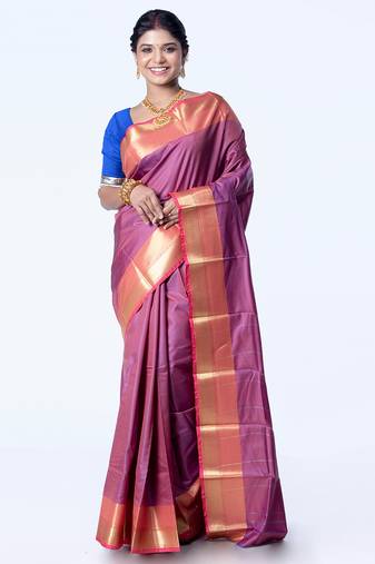 Kanjivaram saree in dark maroon color with golden mahapar border