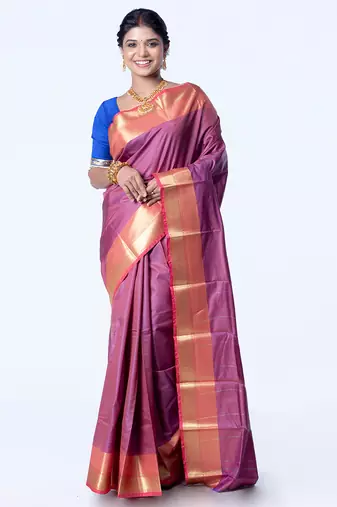 Kanjivaram saree in dark maroon color with golden mahapar border