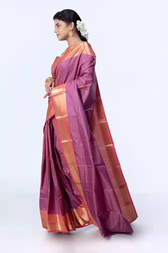 Kanjivaram saree in dark maroon color with golden mahapar border