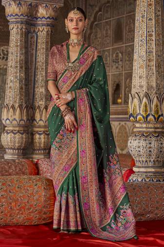 green poly viscose silk blend polka dot printed banarasi saree