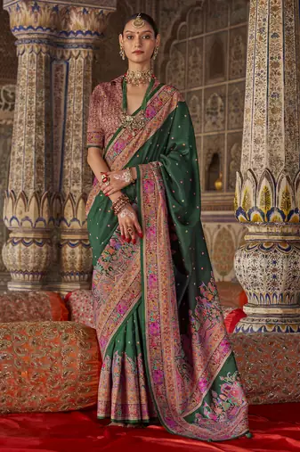 green poly viscose silk blend polka dot printed banarasi saree