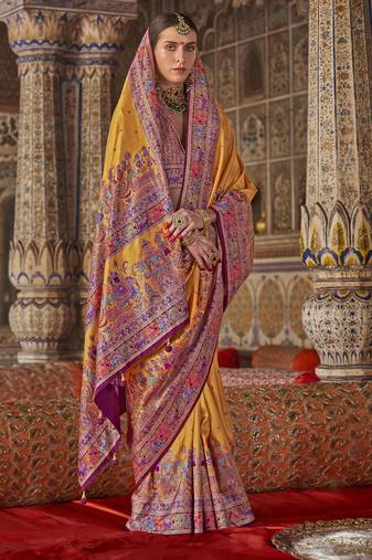 mustard poly viscose silk blend polka dot printed banarasi saree