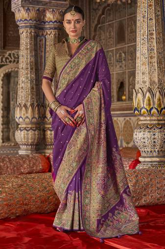 purple poly viscose silk blend polka dot printed banarasi saree
