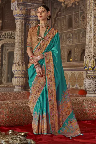 teal poly viscose silk blend polka dot printed banarasi saree