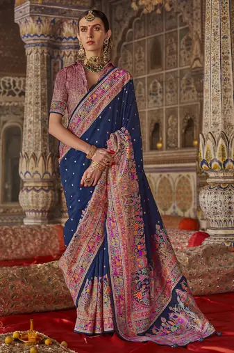 royal blue poly viscose silk blend polka dot printed banarasi saree