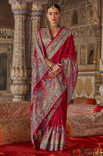 red poly viscose silk blend polka dot printed banarasi saree