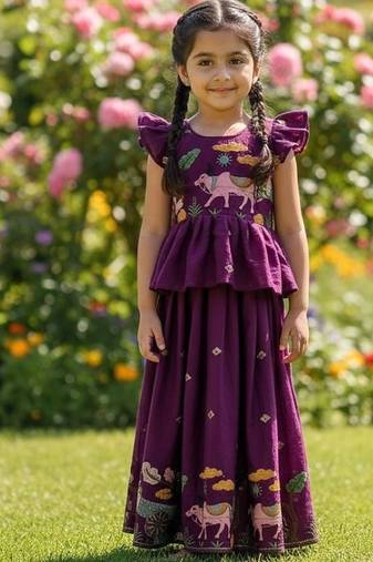Softsilk with animal motif work girls pavadai lehenga set