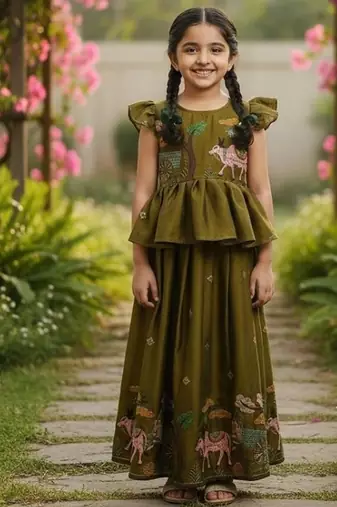 Softsilk with animal motif work girls pavadai lehenga set
