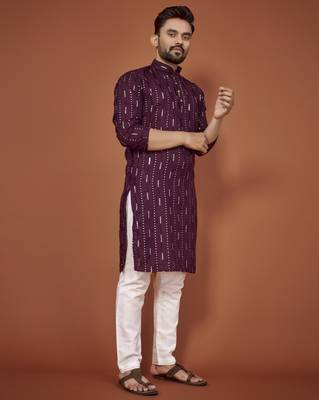 Purple embroidered cotton straight kurta 4