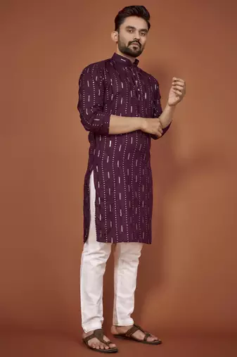 Purple embroidered cotton straight kurta