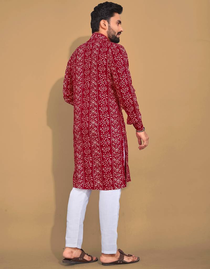Maroon printed cotton straight kurta