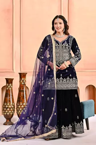 Navy blue viscose Straight Suit Set
