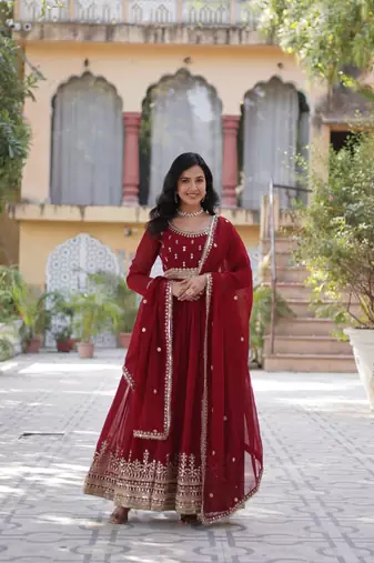 Maroon Faux Blooming Heavy Zari   Sequins Embroidered Gown with Matching Embroidered Lace-Border Dupatta