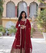Maroon Faux Blooming Heavy Zari   Sequins Embroidered Gown with Matching Embroidered Lace-Border Dupatta
