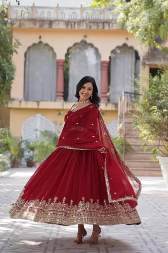 Maroon Faux Blooming Heavy Zari   Sequins Embroidered Gown with Matching Embroidered Lace-Border Dupatta
