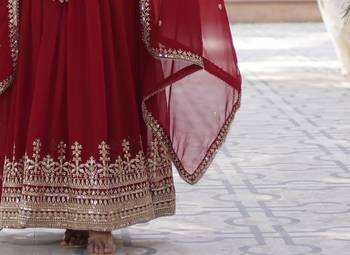 Maroon Faux Blooming Heavy Zari   Sequins Embroidered Gown with Matching Embroidered Lace-Border Dupatta 3
