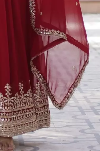 Maroon Faux Blooming Heavy Zari   Sequins Embroidered Gown with Matching Embroidered Lace-Border Dupatta