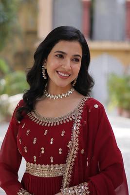 Maroon Faux Blooming Heavy Zari   Sequins Embroidered Gown with Matching Embroidered Lace-Border Dupatta 4