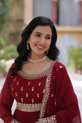 Maroon Faux Blooming Heavy Zari   Sequins Embroidered Gown with Matching Embroidered Lace-Border Dupatta