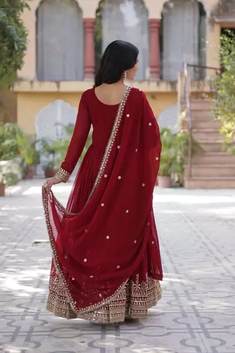 Maroon Faux Blooming Heavy Zari   Sequins Embroidered Gown with Matching Embroidered Lace-Border Dupatta