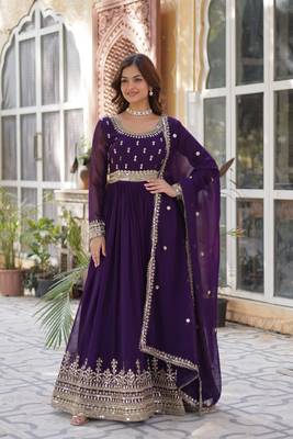 Purple Faux Blooming Heavy Zari   Sequins Embroidered Gown with Matching Embroidered Lace-Border Dupatta 1