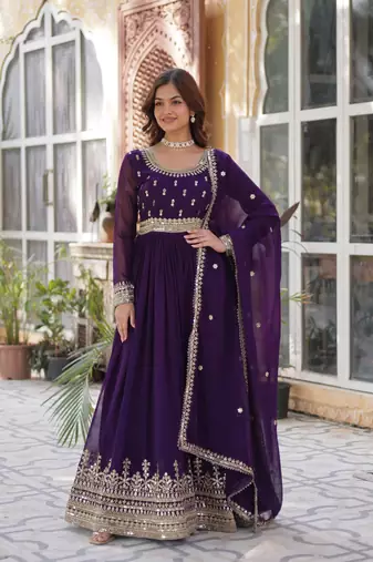 Purple Faux Blooming Heavy Zari   Sequins Embroidered Gown with Matching Embroidered Lace-Border Dupatta