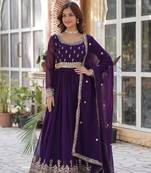 Purple Faux Blooming Heavy Zari   Sequins Embroidered Gown with Matching Embroidered Lace-Border Dupatta