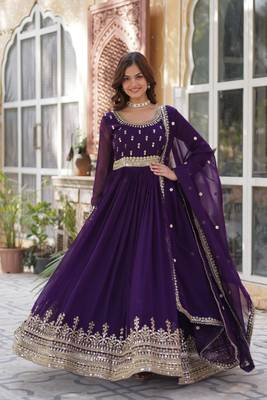 Purple Faux Blooming Heavy Zari   Sequins Embroidered Gown with Matching Embroidered Lace-Border Dupatta 2