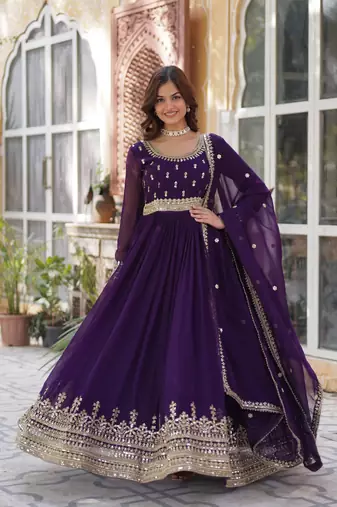 Purple Faux Blooming Heavy Zari   Sequins Embroidered Gown with Matching Embroidered Lace-Border Dupatta