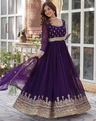 Purple Faux Blooming Heavy Zari   Sequins Embroidered Gown with Matching Embroidered Lace-Border Dupatta 3