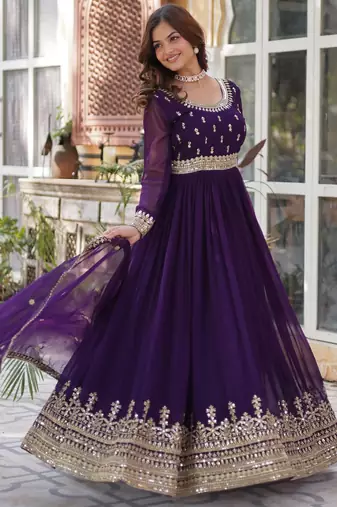 Purple Faux Blooming Heavy Zari   Sequins Embroidered Gown with Matching Embroidered Lace-Border Dupatta