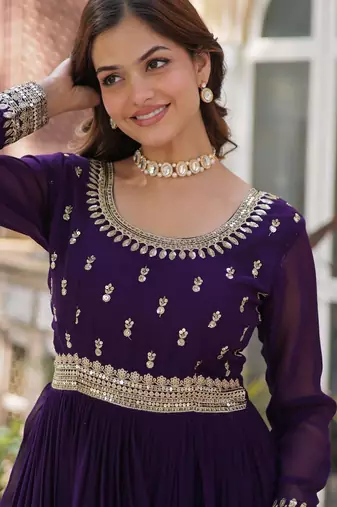 Purple Faux Blooming Heavy Zari   Sequins Embroidered Gown with Matching Embroidered Lace-Border Dupatta