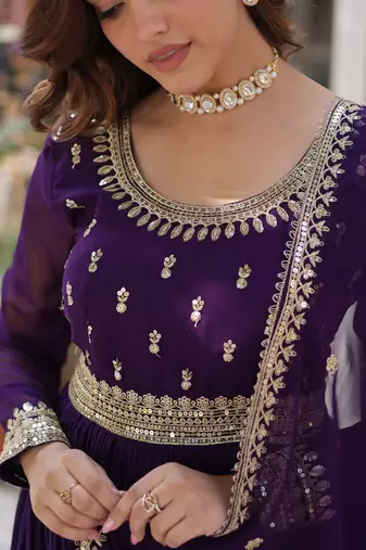 Purple Faux Blooming Heavy Zari   Sequins Embroidered Gown with Matching Embroidered Lace-Border Dupatta