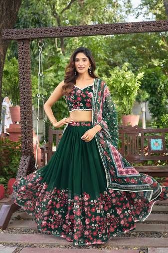Green Digital Print Georgette Lehenga with Pearl Moti Kodi Work, Designer Blouse & Ethnic Border Dupatta