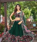 Green Digital Print Georgette Lehenga with Pearl Moti Kodi Work, Designer Blouse & Ethnic Border Dupatta