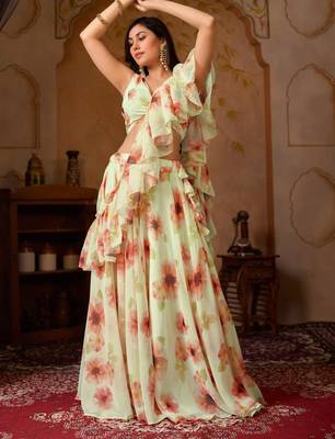 Light Pista Digital Painted Georgette Lehenga with Floral Work, Designer Stitched Blouse & Cascade Dupatta 1