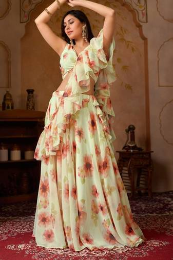 Light Pista Digital Painted Georgette Lehenga with Floral Work, Designer Stitched Blouse & Cascade Dupatta