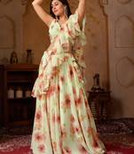 Light Pista Digital Painted Georgette Lehenga with Floral Work, Designer Stitched Blouse & Cascade Dupatta