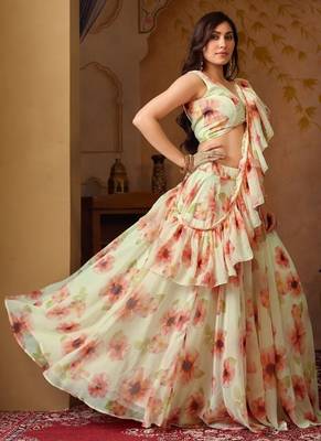 Light Pista Digital Painted Georgette Lehenga with Floral Work, Designer Stitched Blouse & Cascade Dupatta 3