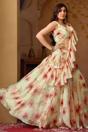 Light Pista Digital Painted Georgette Lehenga with Floral Work, Designer Stitched Blouse & Cascade Dupatta